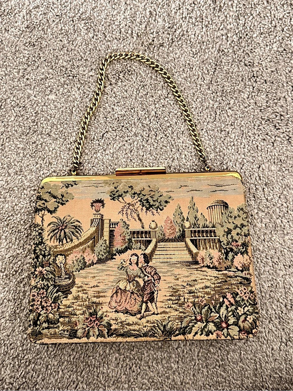 Tapestry Chain Clutch in Pink & Green